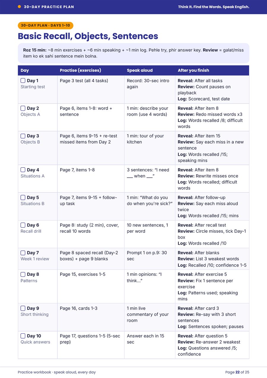 Workbook page 22: 30-day practice plan, days 1 to 10